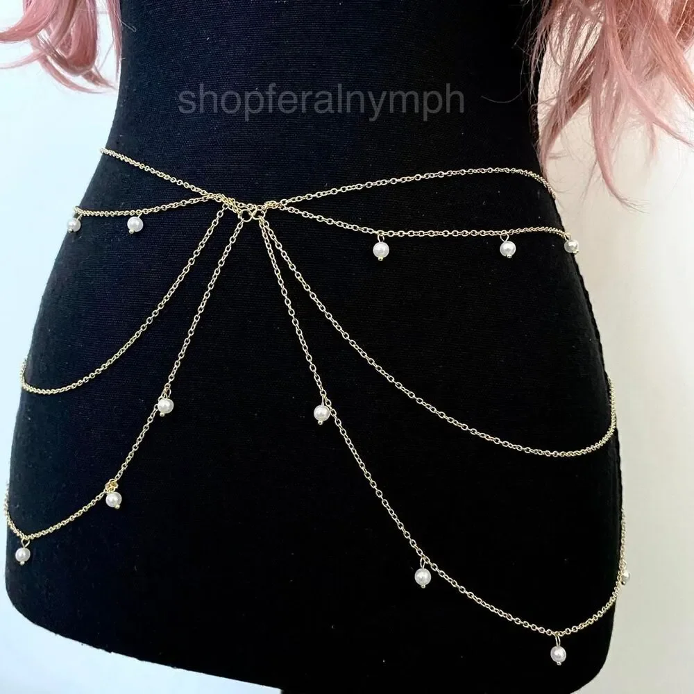 Gold Y2K Pearl Draped Layered Body Chain Belt, Fits 27-40 Inches, X7GA1279